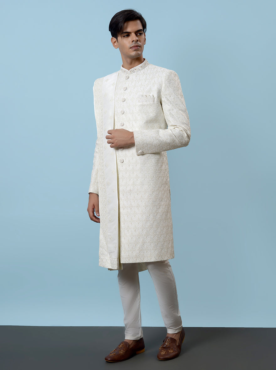 Elevate your festive look in the USA with this cream Indowestern, crafted from silk blend fabric with beautiful embroidery.