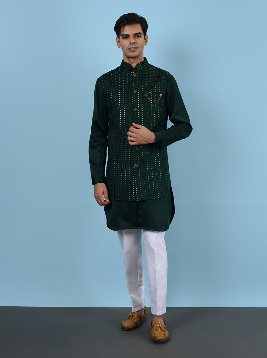 Stylish green kurta set with koti, perfect for USA festive mehndi occasions.