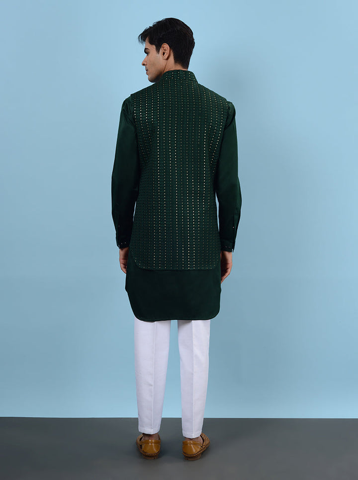 Silk blend green kurta set with koti, crafted for USA men’s mehndi events.