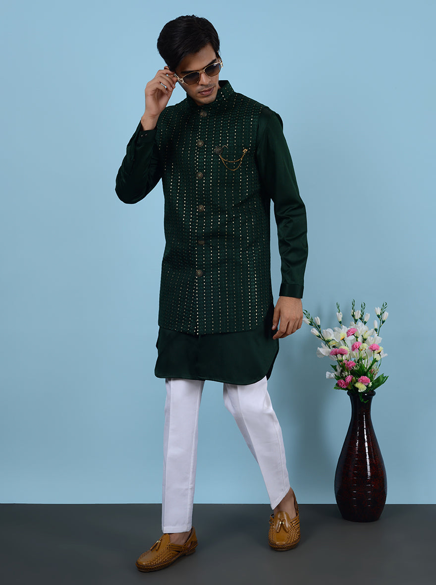 Elegant green embroidered kurta set with koti, ideal for USA festive occasions.