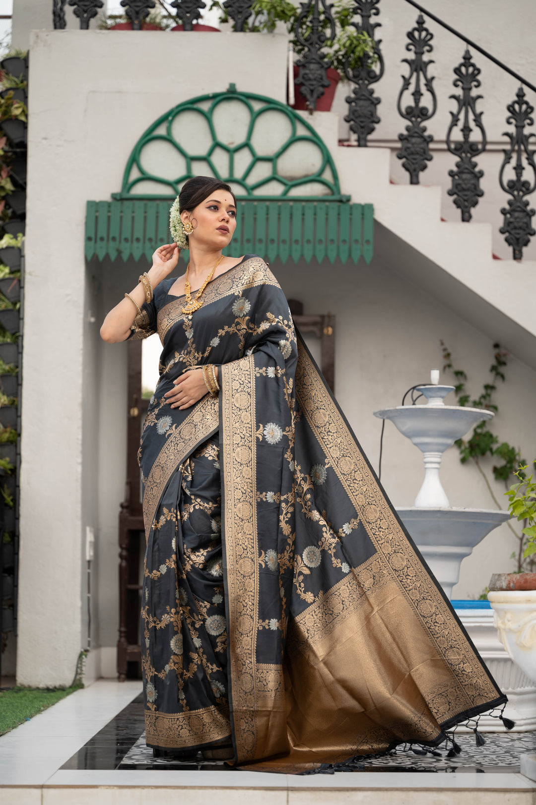 Exquisite Soft Banarasi Katan silk saree with detailed silver and gold zari weaves, perfect for festive occasions.