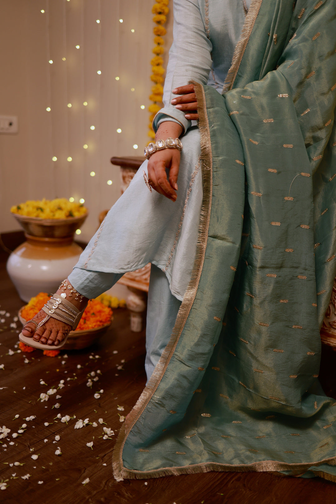 Chic ice blue kurta pajama and sage green dupatta set, perfect for formal occasions and traditional celebrations.