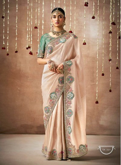 Soft Light Pink Banarasi Tissue Silk Saree | Delicate Zari Embroidery for Festive Sari