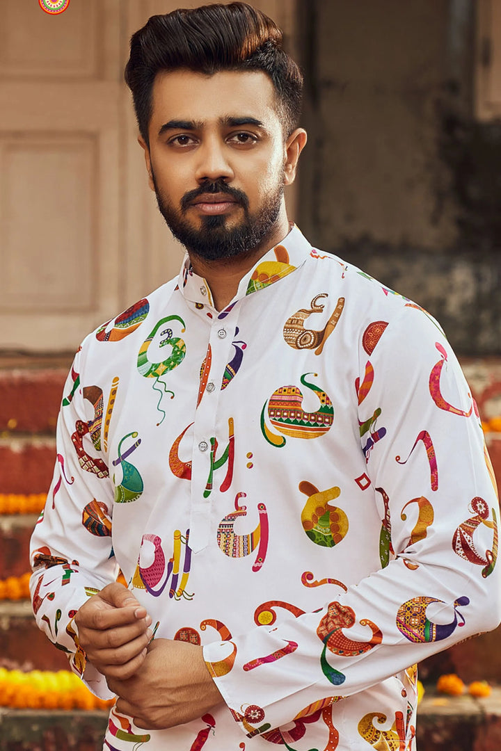 White Art Silk Navratri Kurta | Designer Printed Festive Wear for Men