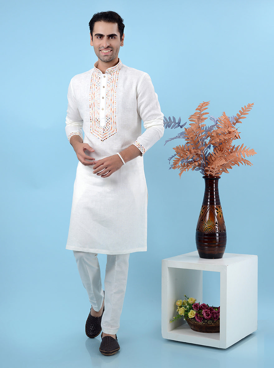 Stylish off-white kurta set for men, perfect for showcasing refined taste during cultural celebrations in the USA.