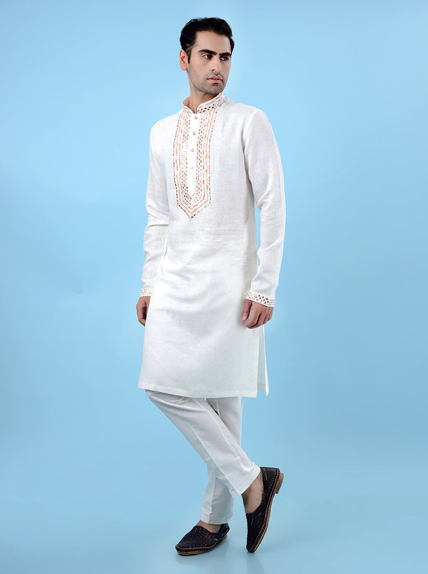 Elegant off-white kurta pajama with exquisite Resham embroidery, ideal for festive occasions in the USA.