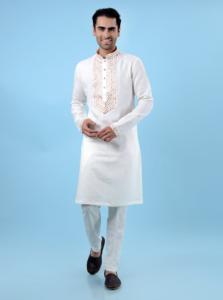 Men's embroidered off-white kurta set, perfect for festive and cultural occasions.