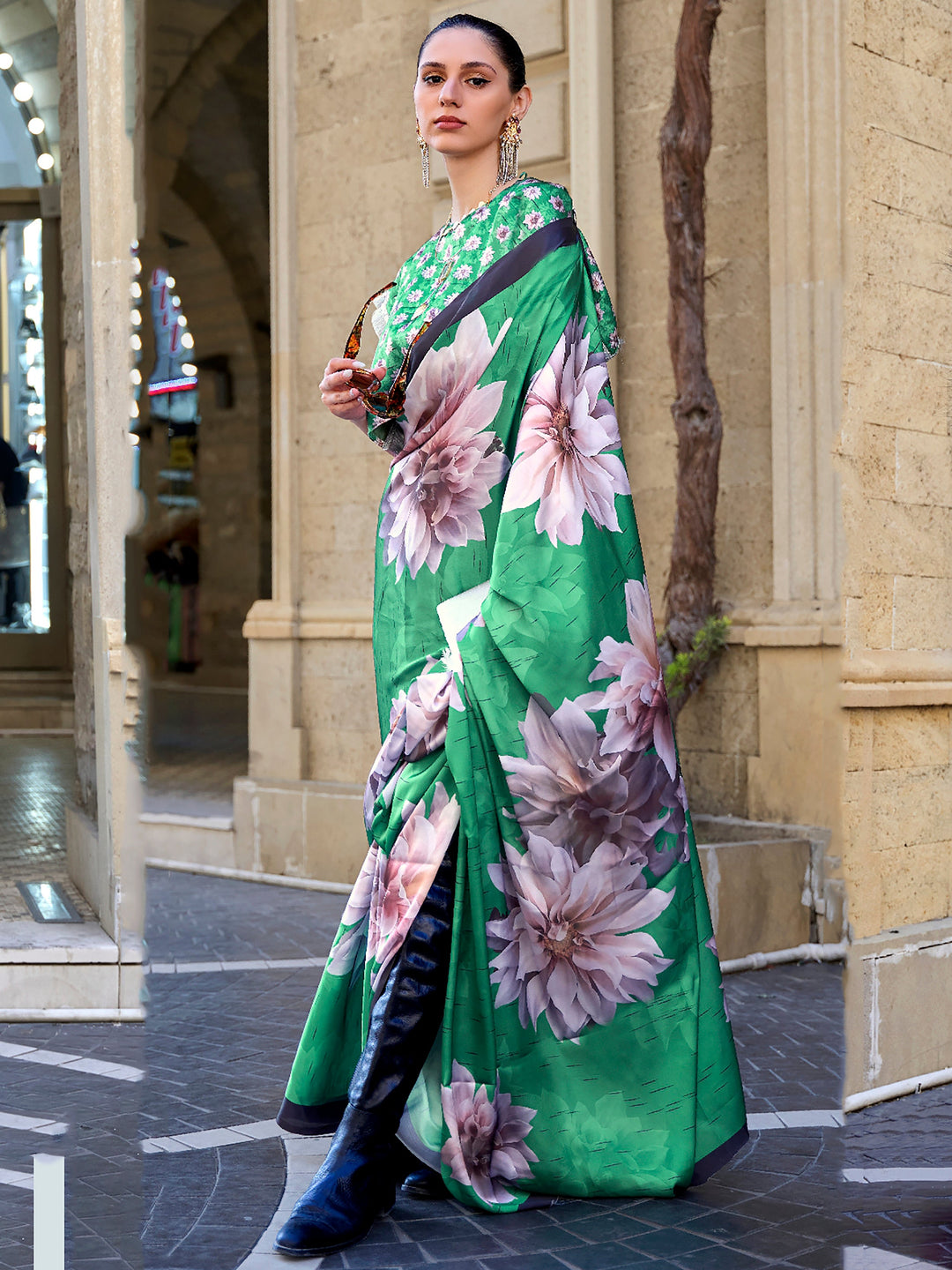 Green satin saree crafted for elegance and style.