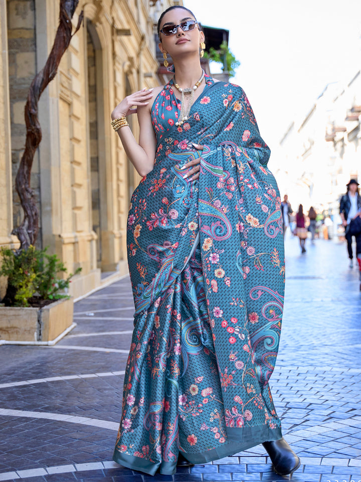 Blue satin saree crafted for elegance and style.