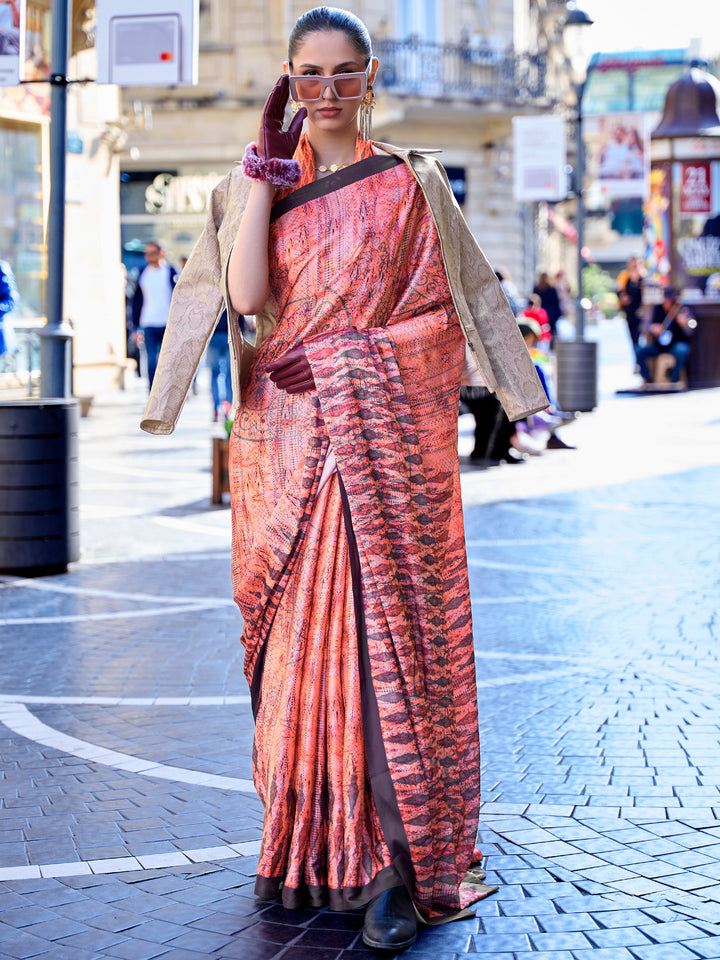 Orange satin saree crafted for elegance and style.