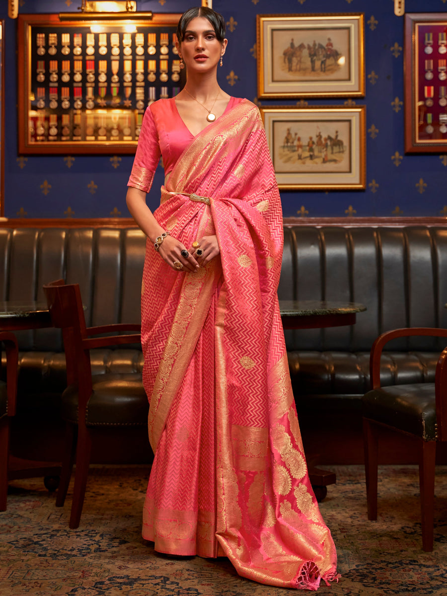 Pink satin saree crafted for elegance and style.