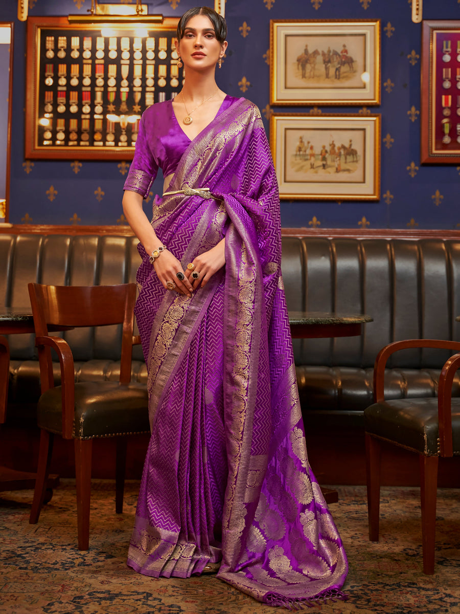 Purple satin saree crafted for elegance and style.