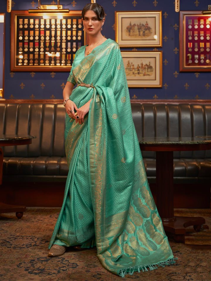 Green satin saree crafted for elegance and style.