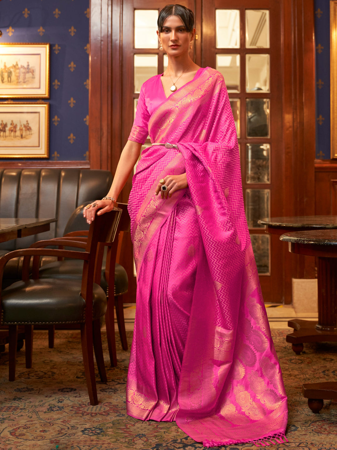 Pink satin saree crafted for elegance and style.