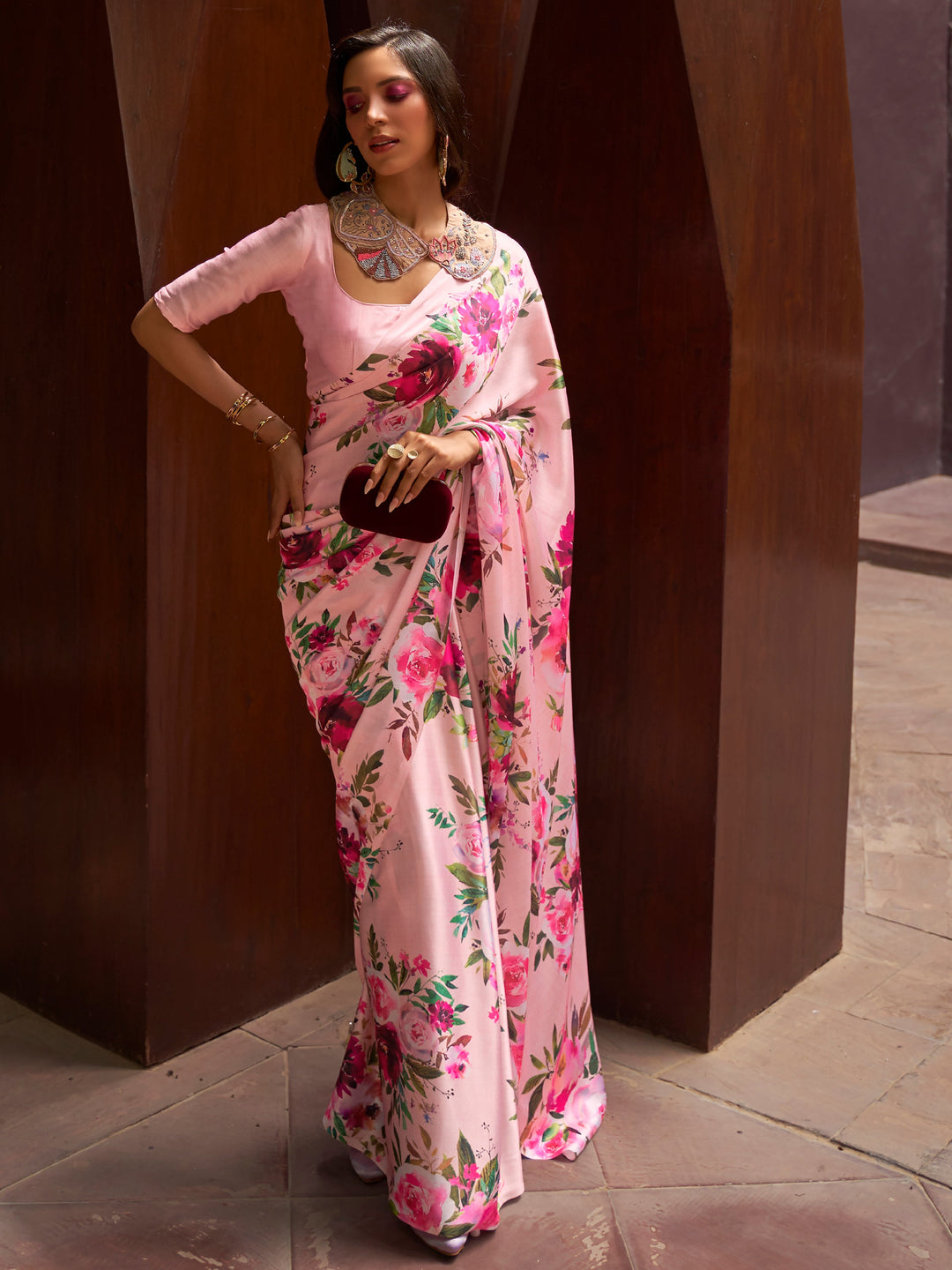 Pink satin saree crafted for elegance and style.