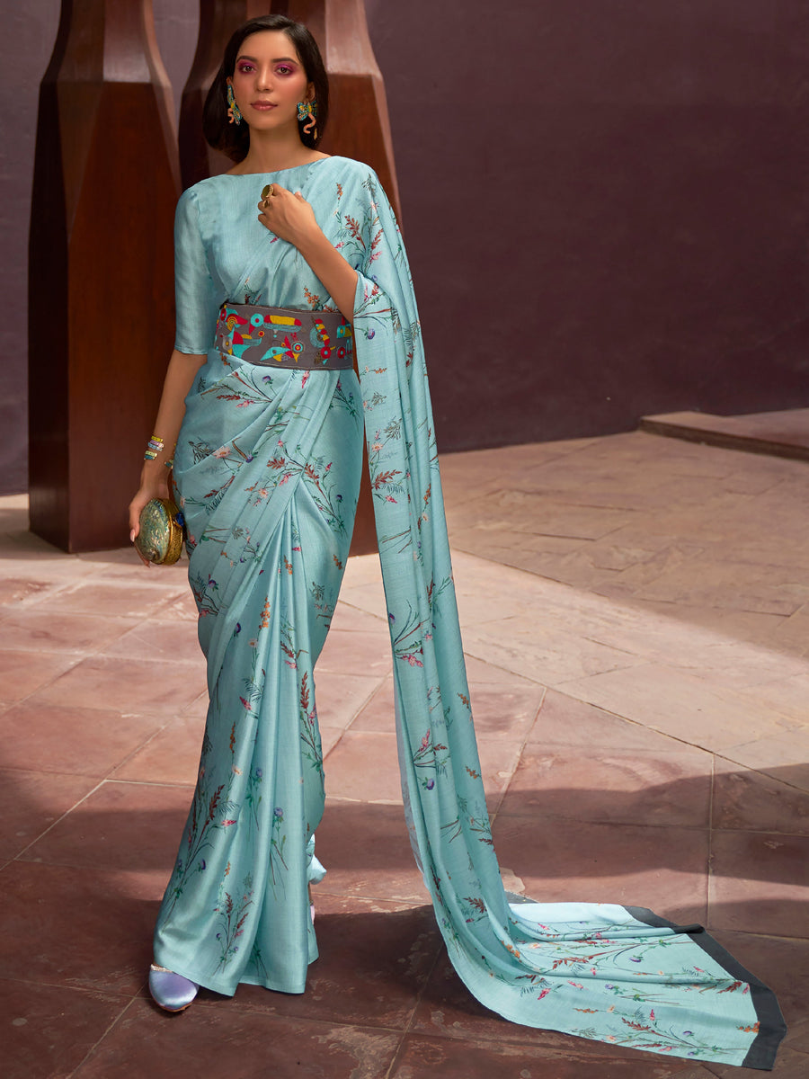 Blue satin saree crafted for elegance and style.