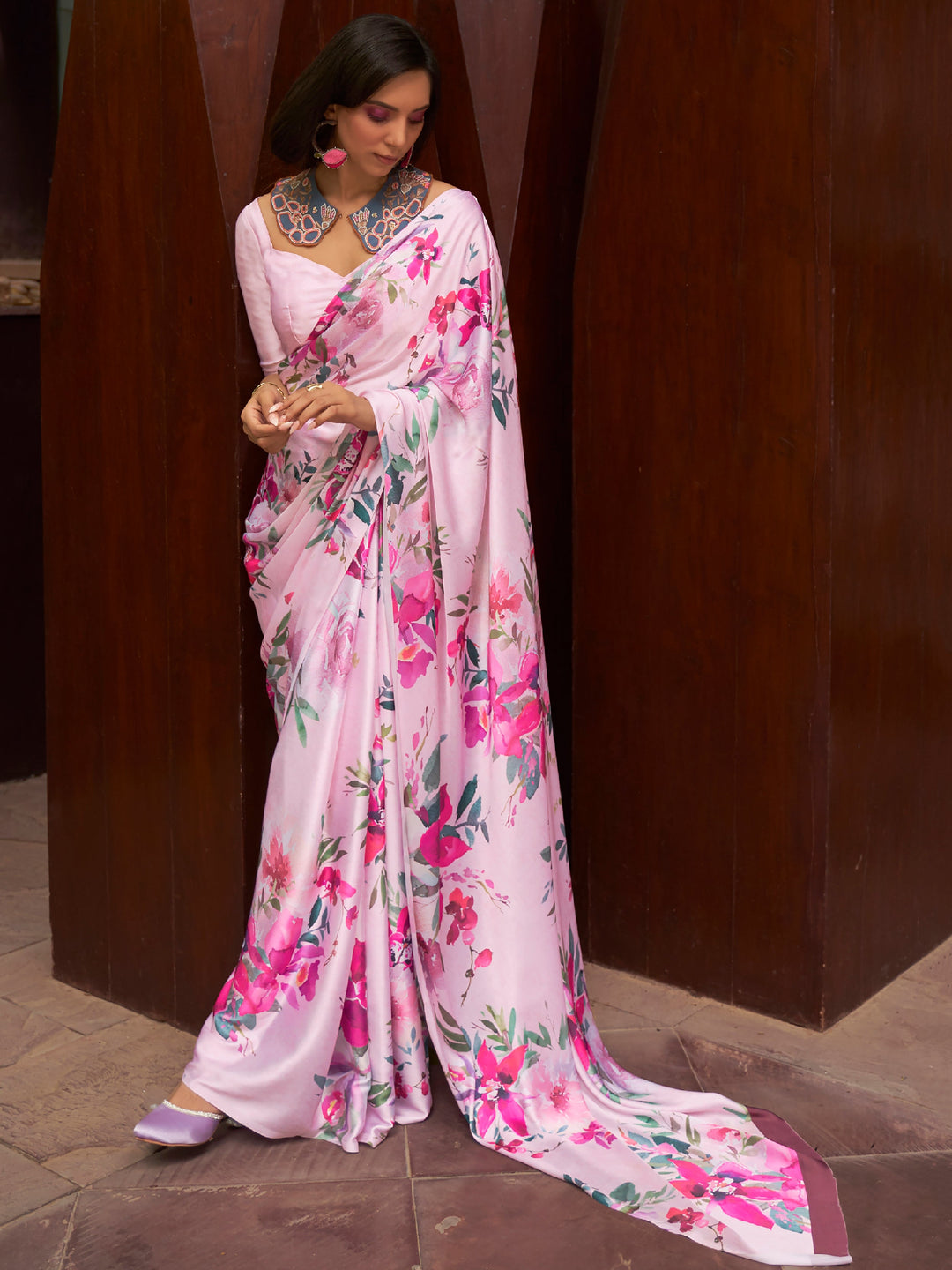 Pink satin saree crafted for elegance and style.