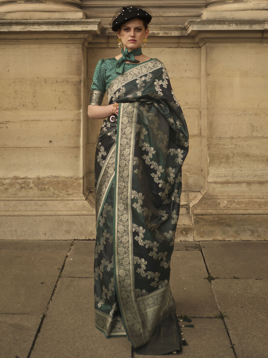 Green satin saree crafted for elegance and style.