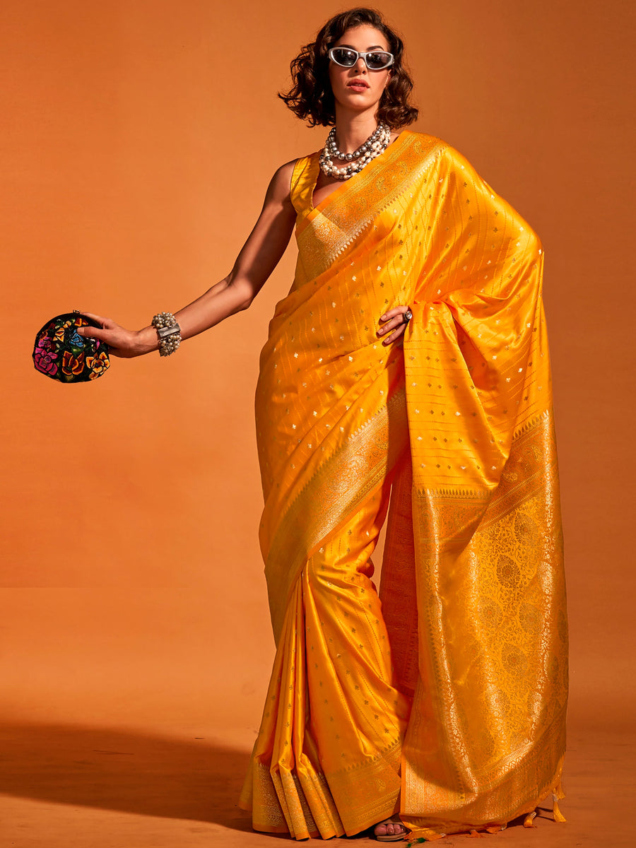 Yellow satin saree crafted for elegance and style.