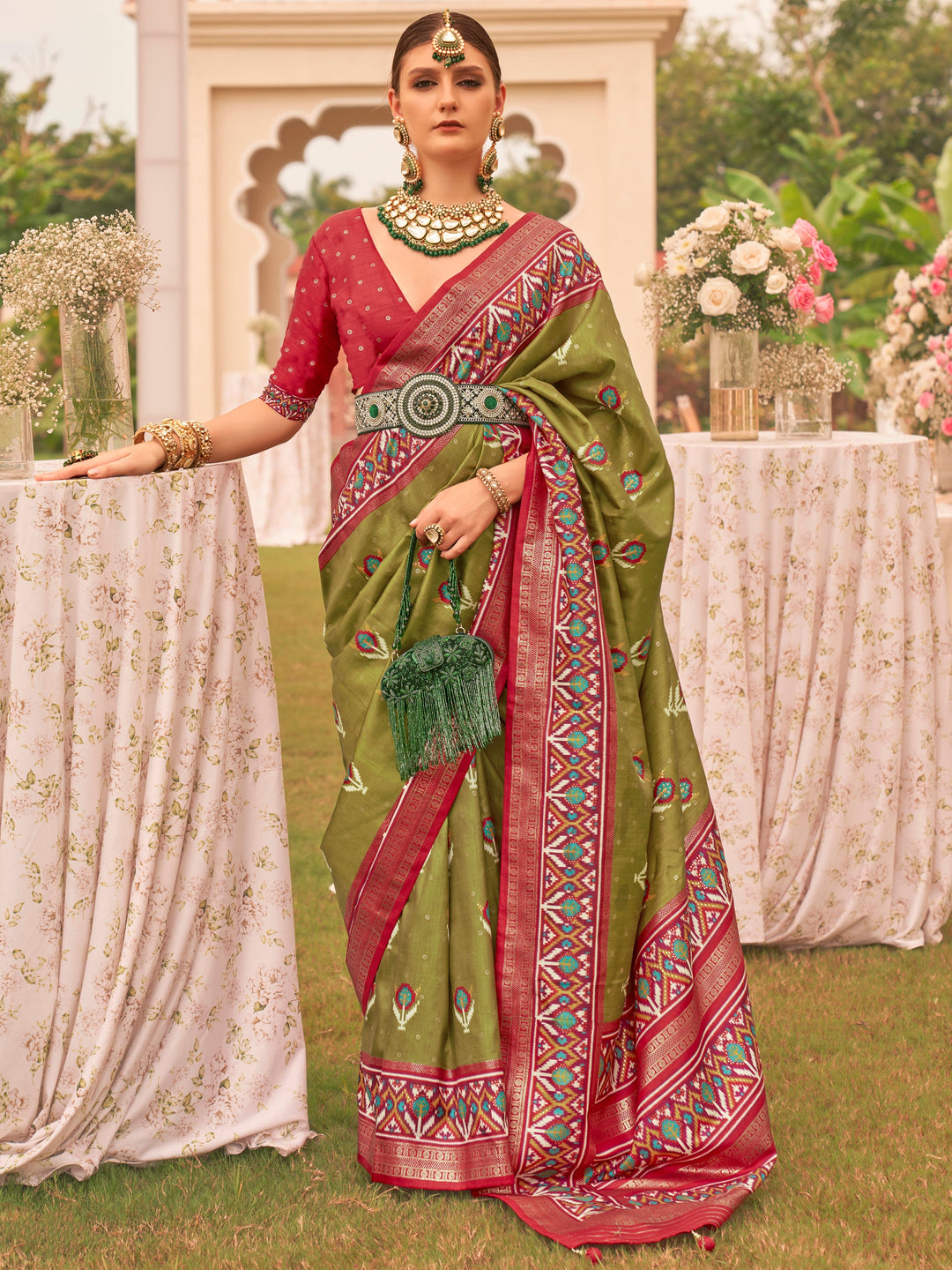 Vibrant color luxurious fabric exclusive attire crafted for elegance and style.