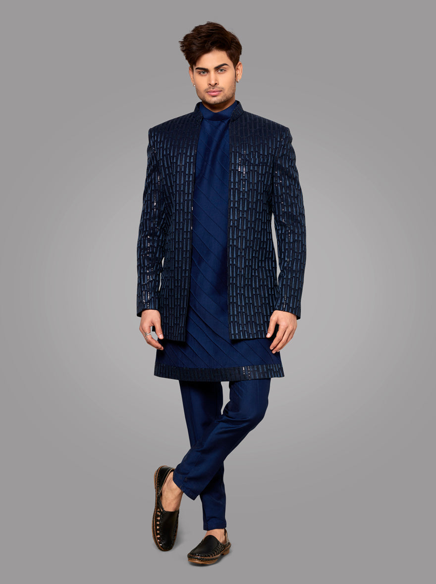 Premium silk blend deep blue jacket with embroidery details