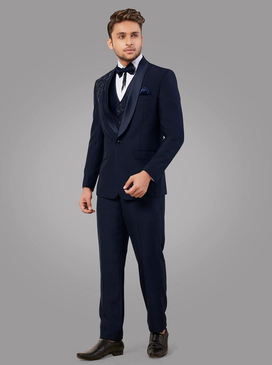 Stylish men's deep blue suit crafted from Terry Rayon, featuring placement embroidery for a sophisticated look.