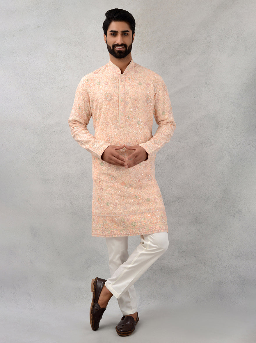 Elegant Peach Kurta Pajama crafted for comfort, ideal for festive occasions like mehndi and pooja in the USA.