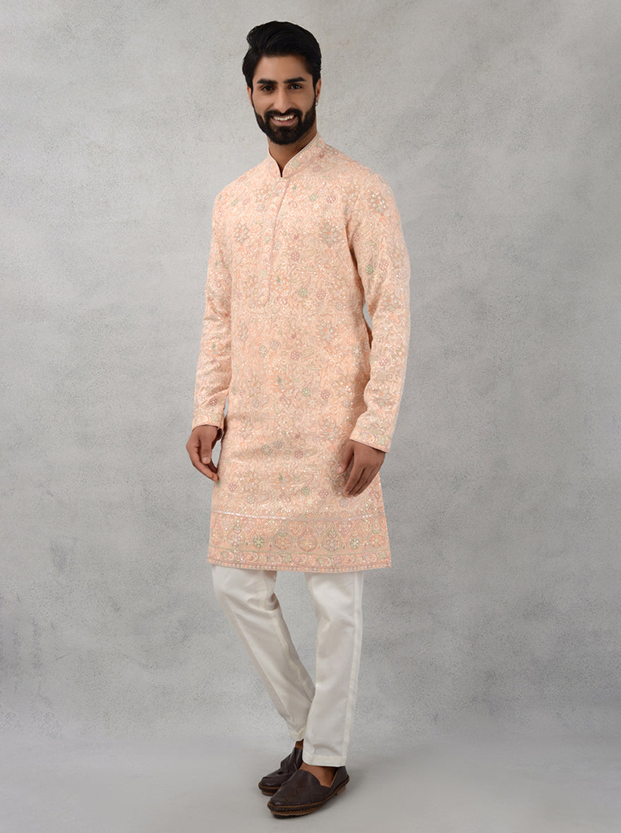 Stylish Peach Embroidered Kurta Pajama, offering a blend of tradition and elegance for special events in the USA.