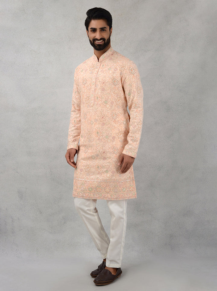 Men’s peach kurta pajama with resham & sequins, traditional USA wear