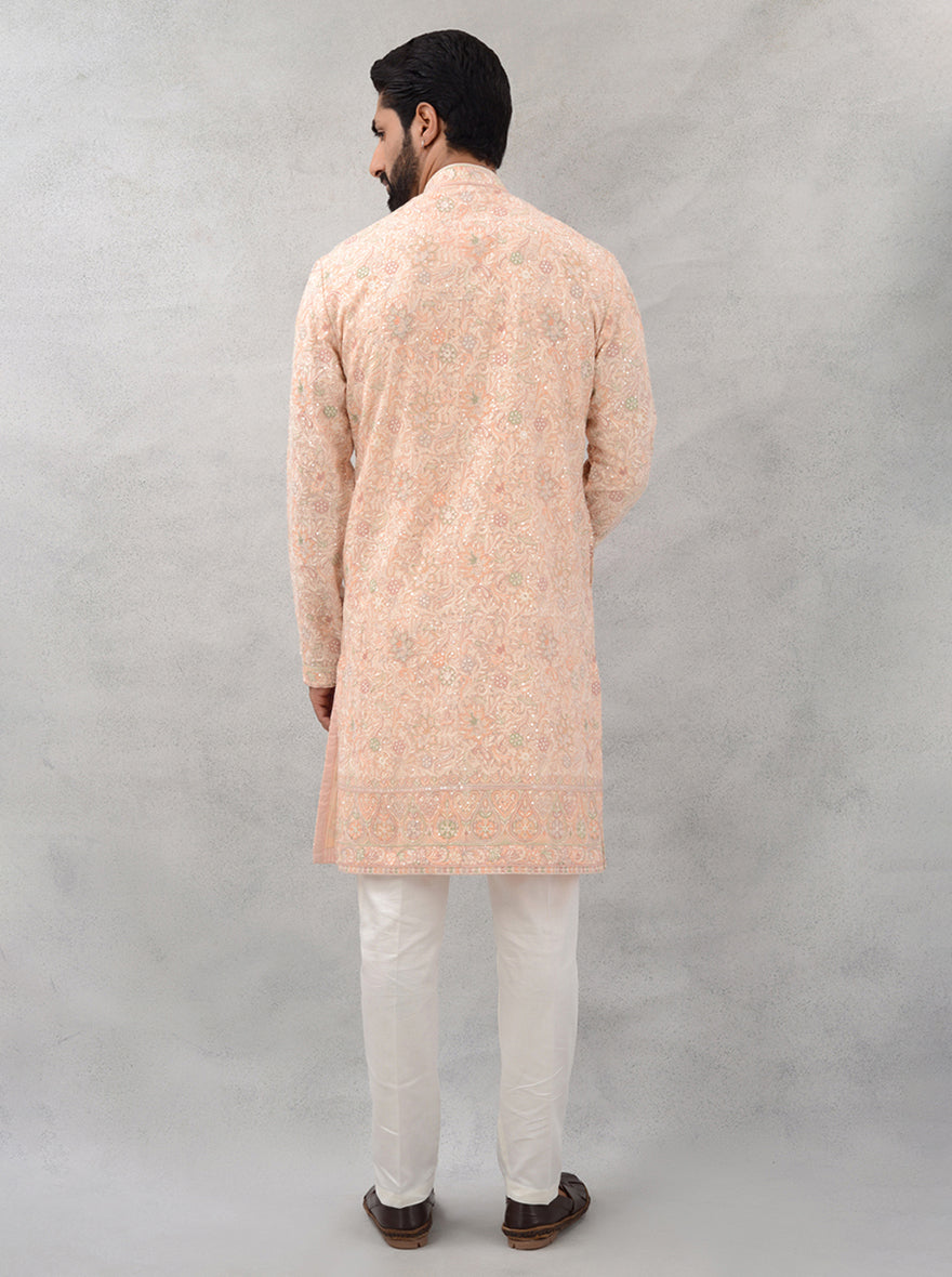 Peach ethnic kurta pajama, embroidered for Gruh Shanti, USA events