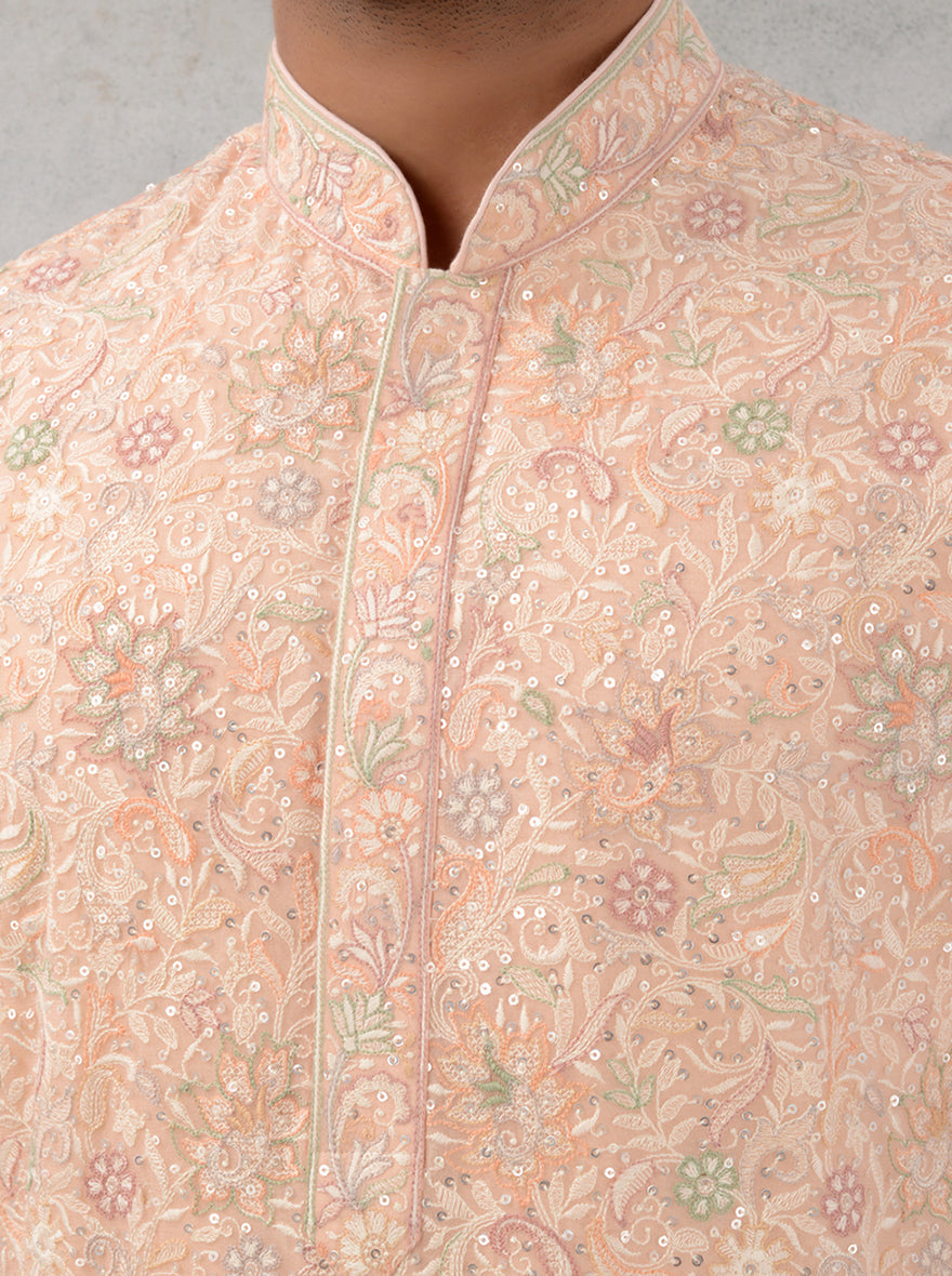 Men’s peach georgette kurta pajama with embroidery, perfect for USA