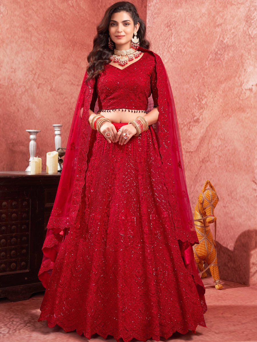 Charming Red Sequins Net Reception Wear Lehenga Choli With Dupatta