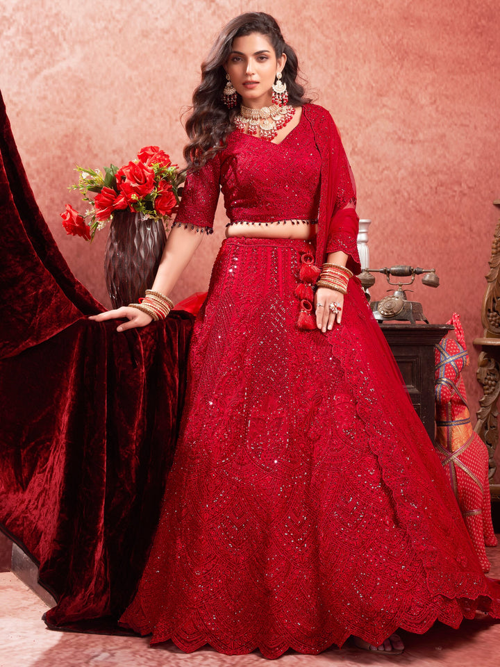 Charming Red Sequins Net Reception Wear Lehenga Choli With Dupatta