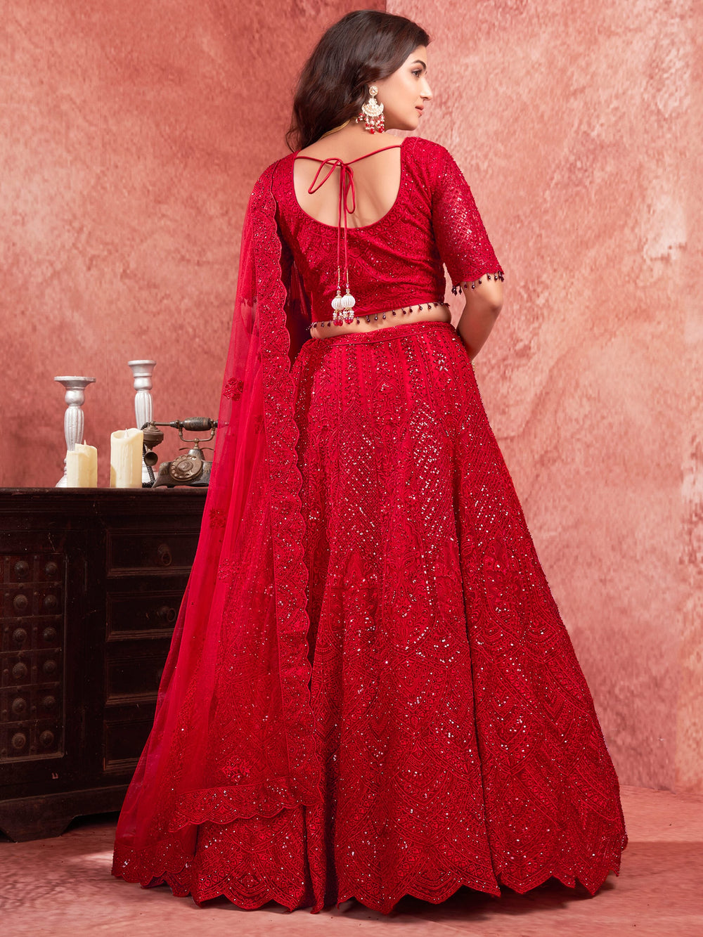 Charming Red Sequins Net Reception Wear Lehenga Choli With Dupatta