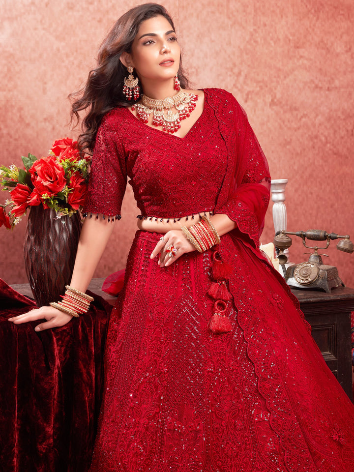 Charming Red Sequins Net Reception Wear Lehenga Choli With Dupatta