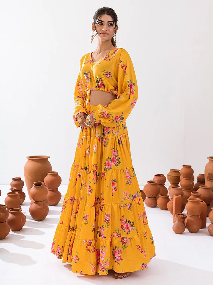 Fascinating Yellow Floral Printed Chinon Haldi Wear Crop Top Lehenga