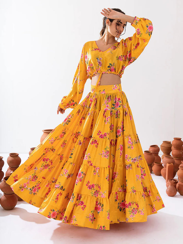 Fascinating Yellow Floral Printed Chinon Haldi Wear Crop Top Lehenga