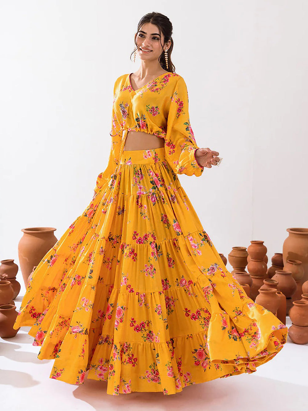 Fascinating Yellow Floral Printed Chinon Haldi Wear Crop Top Lehenga