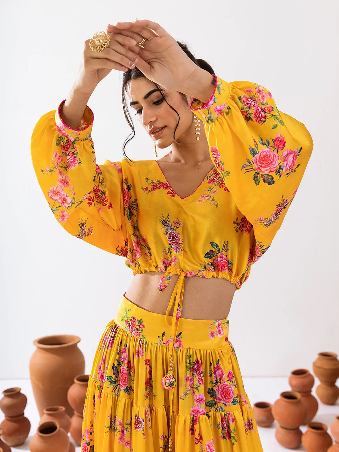 Fascinating Yellow Floral Printed Chinon Haldi Wear Crop Top Lehenga