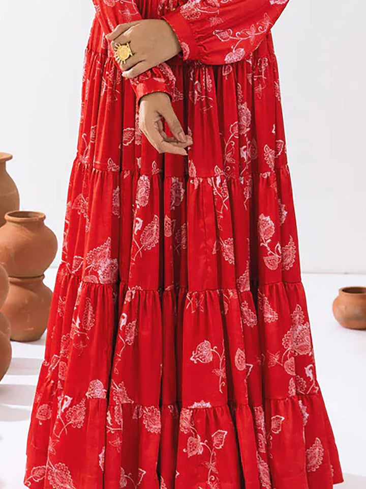 Glamorous Red Floral Printed Chinon Festival Wear Crop Top Lehenga