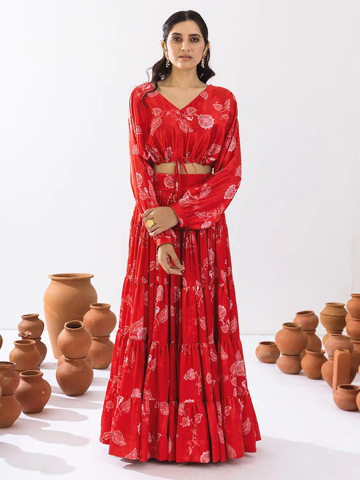 Glamorous Red Floral Printed Chinon Festival Wear Crop Top Lehenga