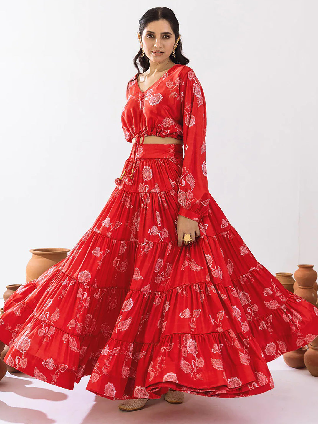 Glamorous Red Floral Printed Chinon Festival Wear Crop Top Lehenga