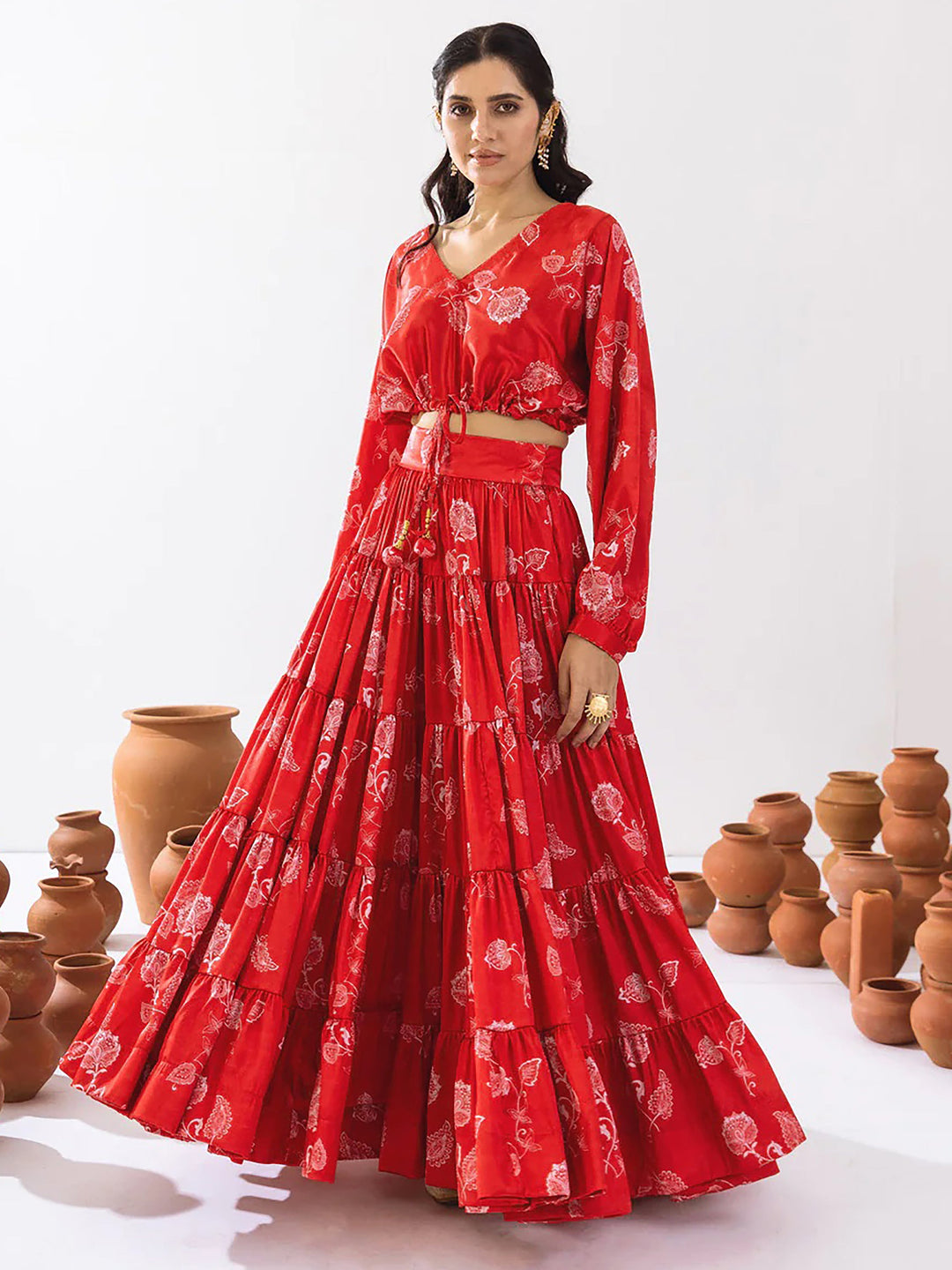 Glamorous Red Floral Printed Chinon Festival Wear Crop Top Lehenga