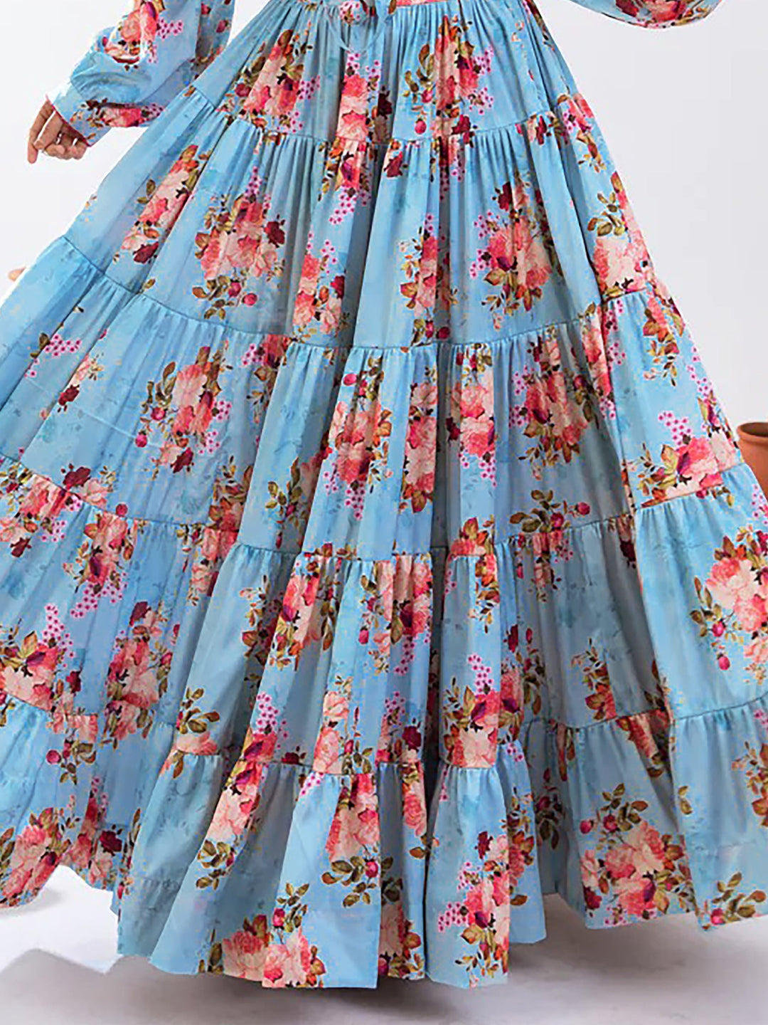 Alluring Sky Blue Floral Printed Chinon Event Wear Crop Top Lehenga