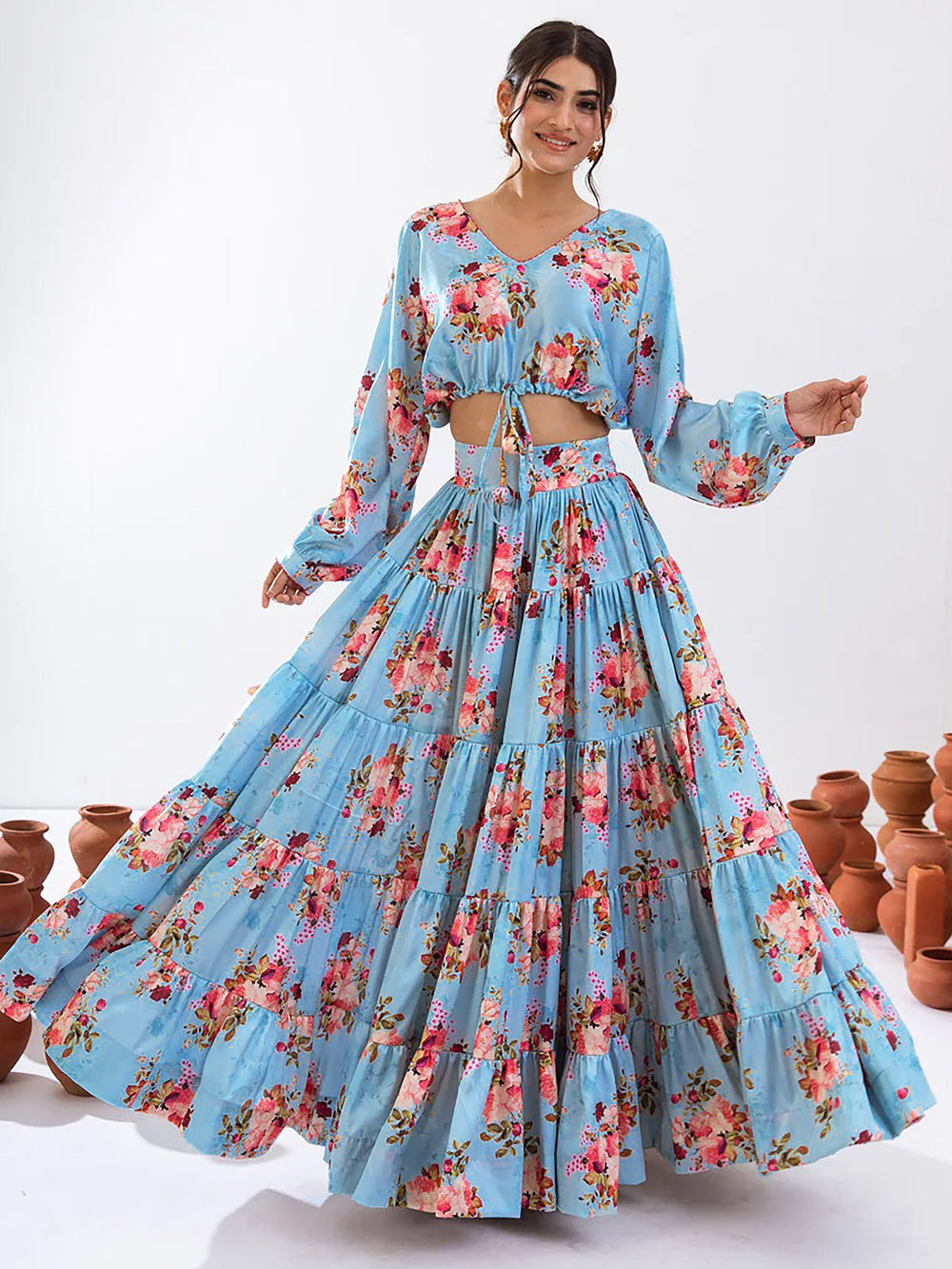 Alluring Sky Blue Floral Printed Chinon Event Wear Crop Top Lehenga