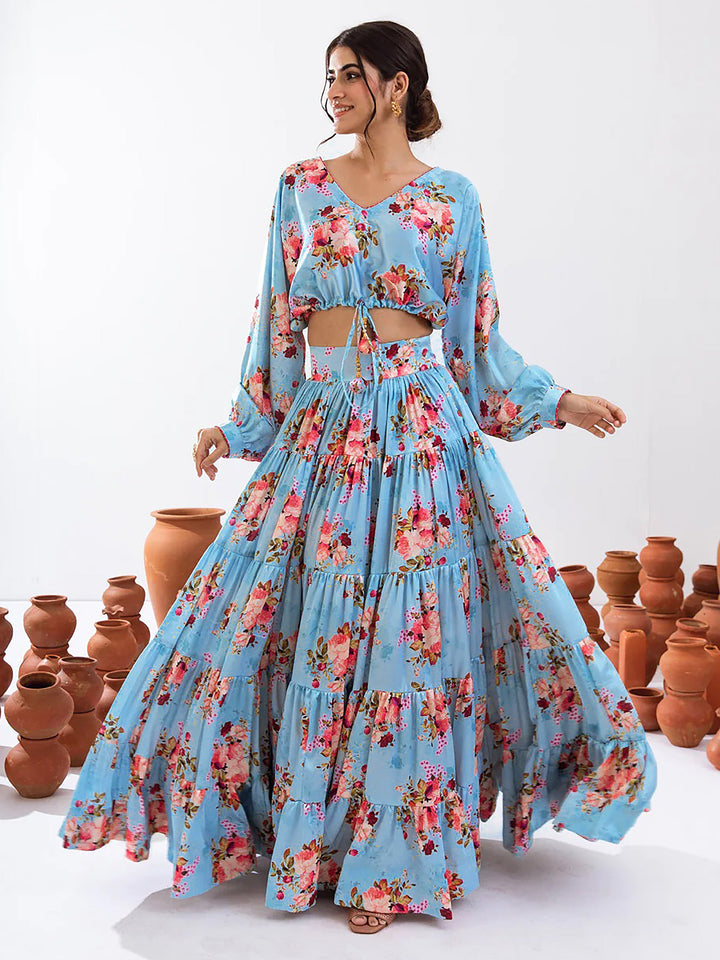 Alluring Sky Blue Floral Printed Chinon Event Wear Crop Top Lehenga