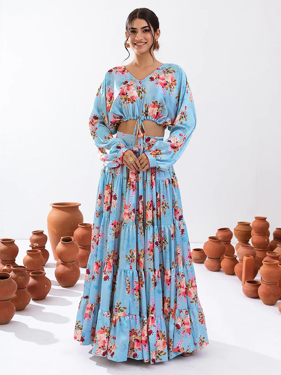 Alluring Sky Blue Floral Printed Chinon Event Wear Crop Top Lehenga