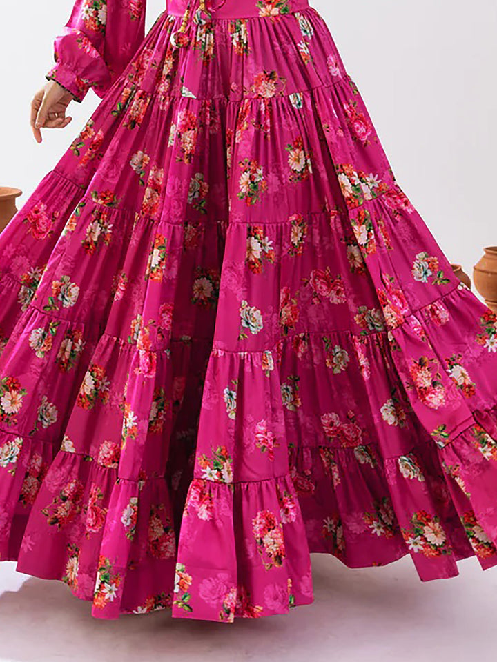 Magnetic Magenta Floral Printed Chinon Festival Wear Crop Top Lehenga