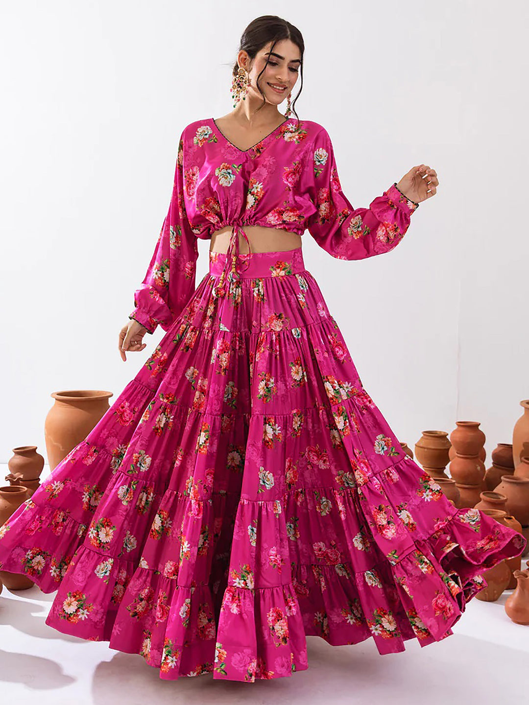 Magnetic Magenta Floral Printed Chinon Festival Wear Crop Top Lehenga