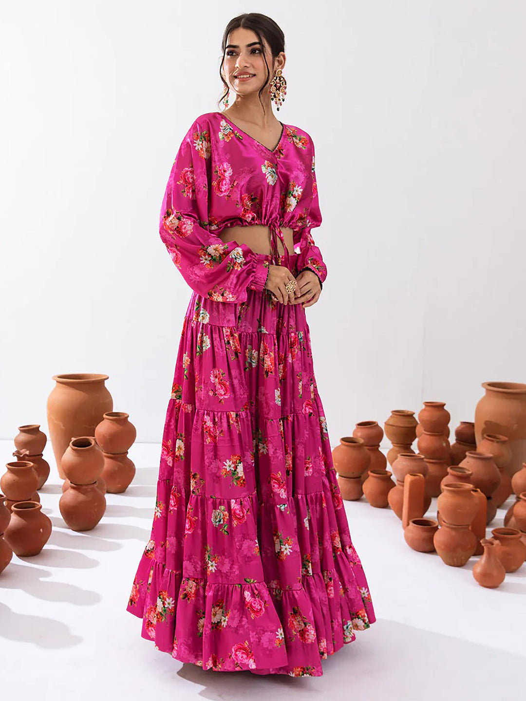 Magnetic Magenta Floral Printed Chinon Festival Wear Crop Top Lehenga